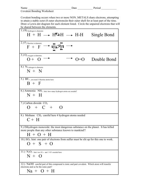 types of chemical bonds worksheet