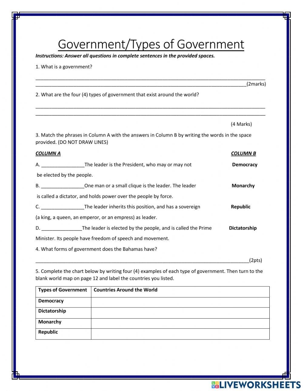 Types Of Government Exercise Live Worksheets Worksheets Library