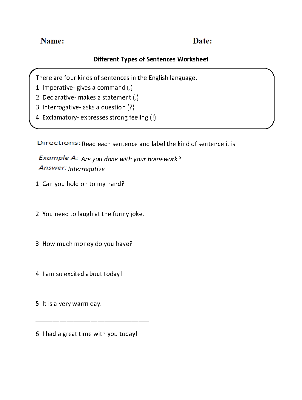 worksheet on types of sentences