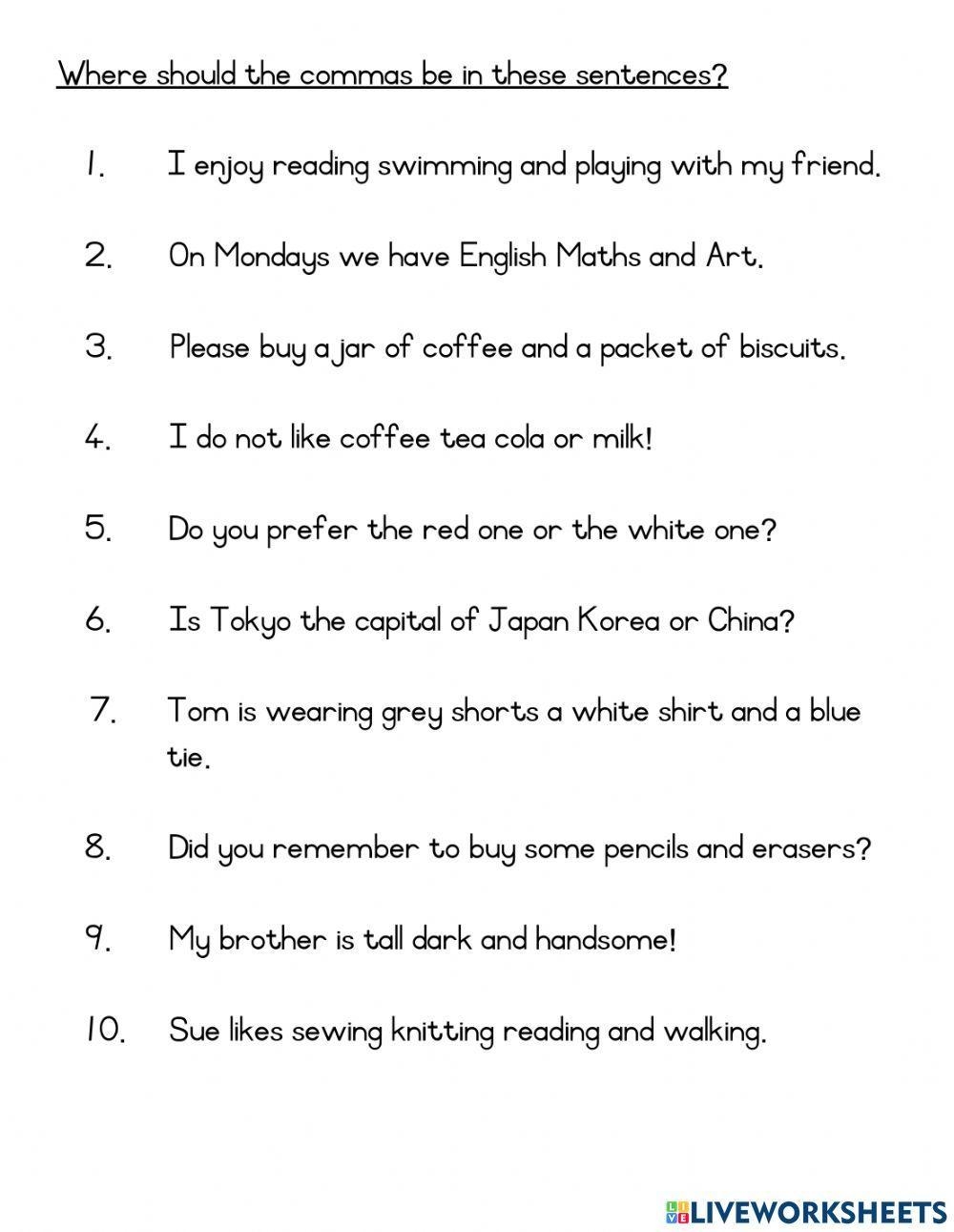 Using Commas Interactive Worksheet Live Worksheets Worksheets Library