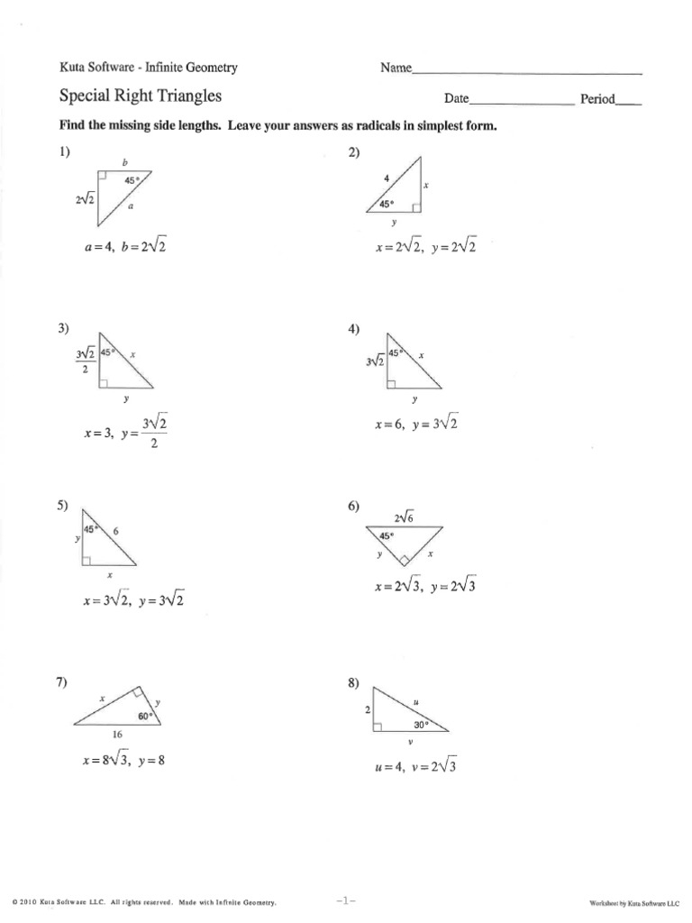 Using Special Right Triangles Worksheet PDF Printable Geometry 
