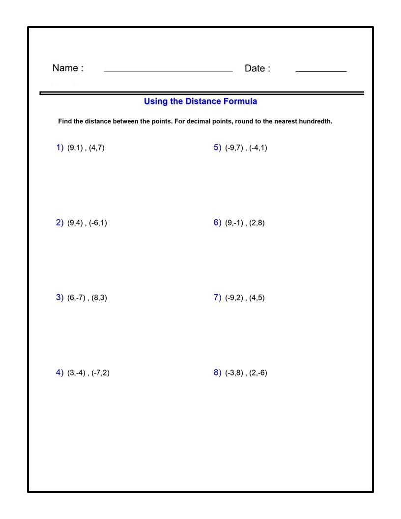worksheet distance formula