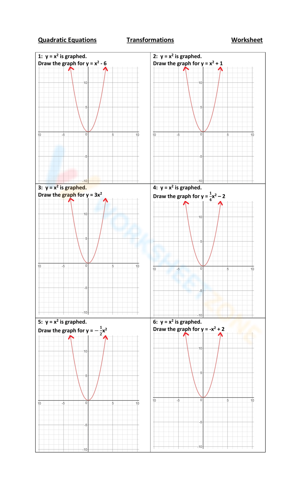 Using Transformations To Graph Quadratic Functions Worksheet