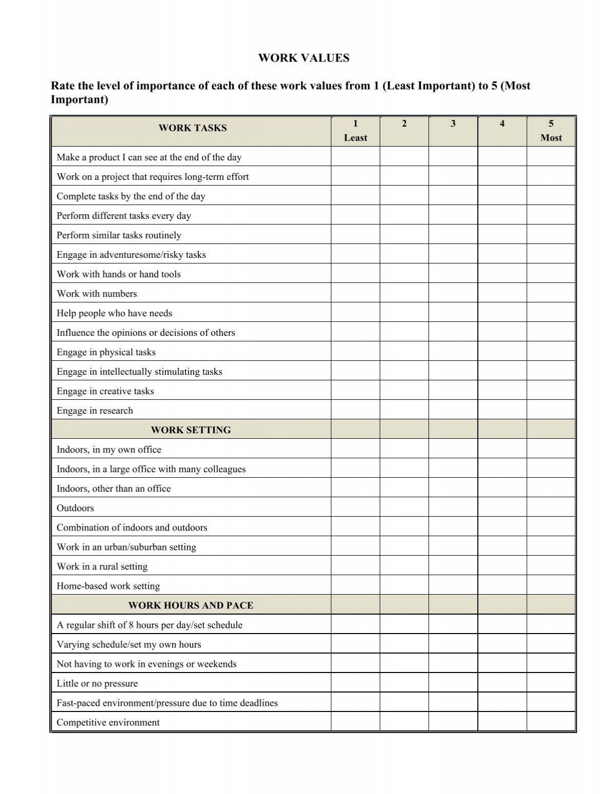values inventory worksheet