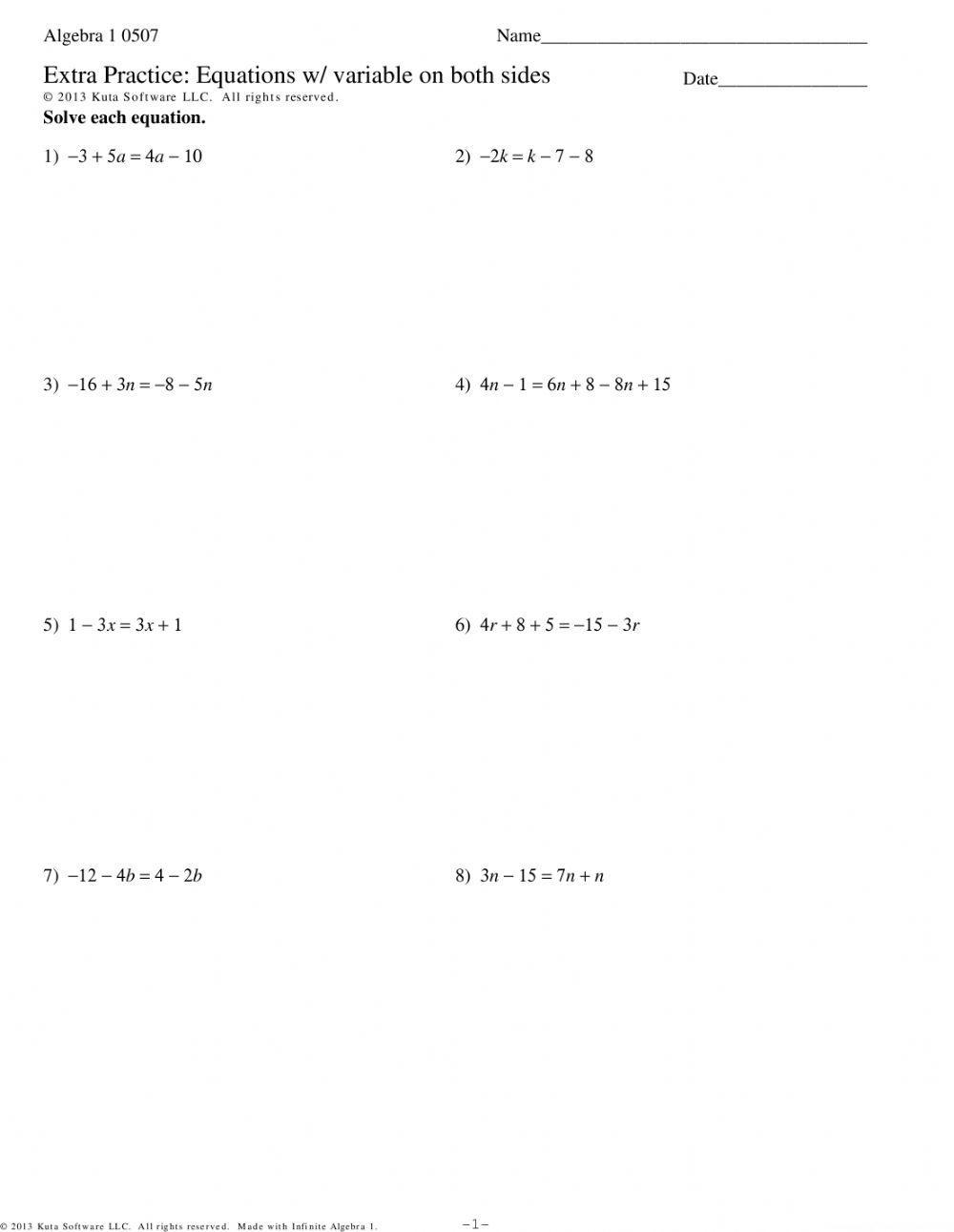 Variable On Both Sides Equations Worksheet Live Worksheets 
