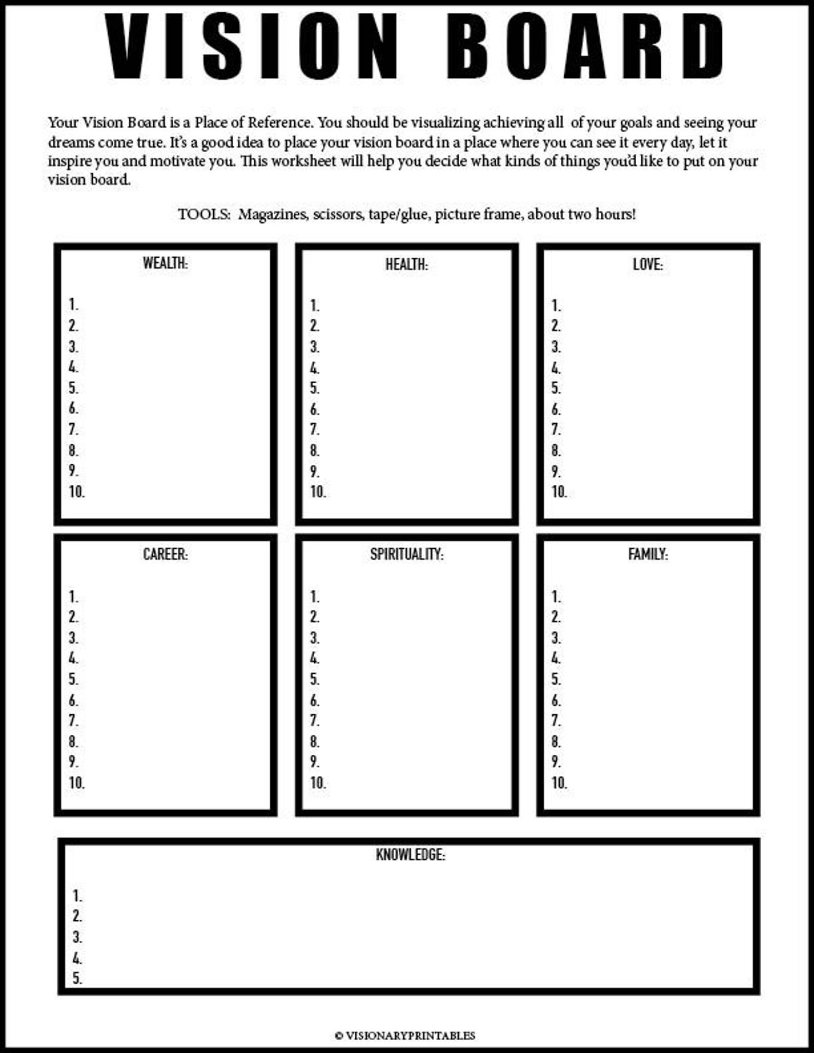 Vision Board Worksheet Vision Board Checklist Law Of Attraction 