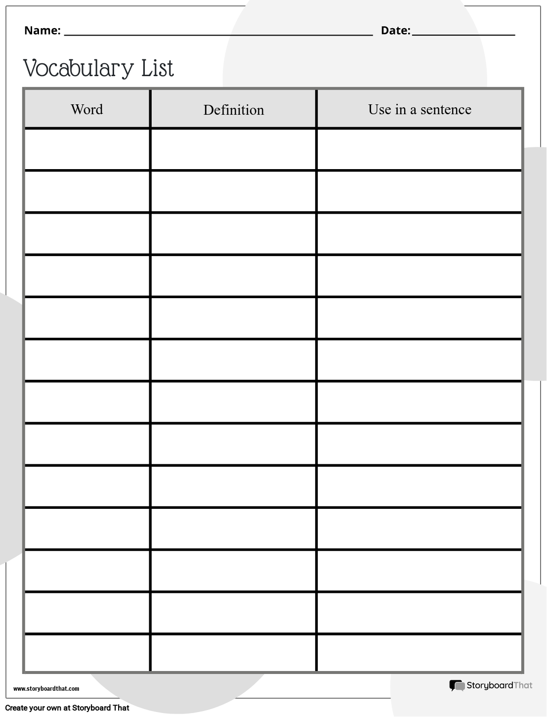 Vocabulary Chart Template Printable Graphic Organizers Skills