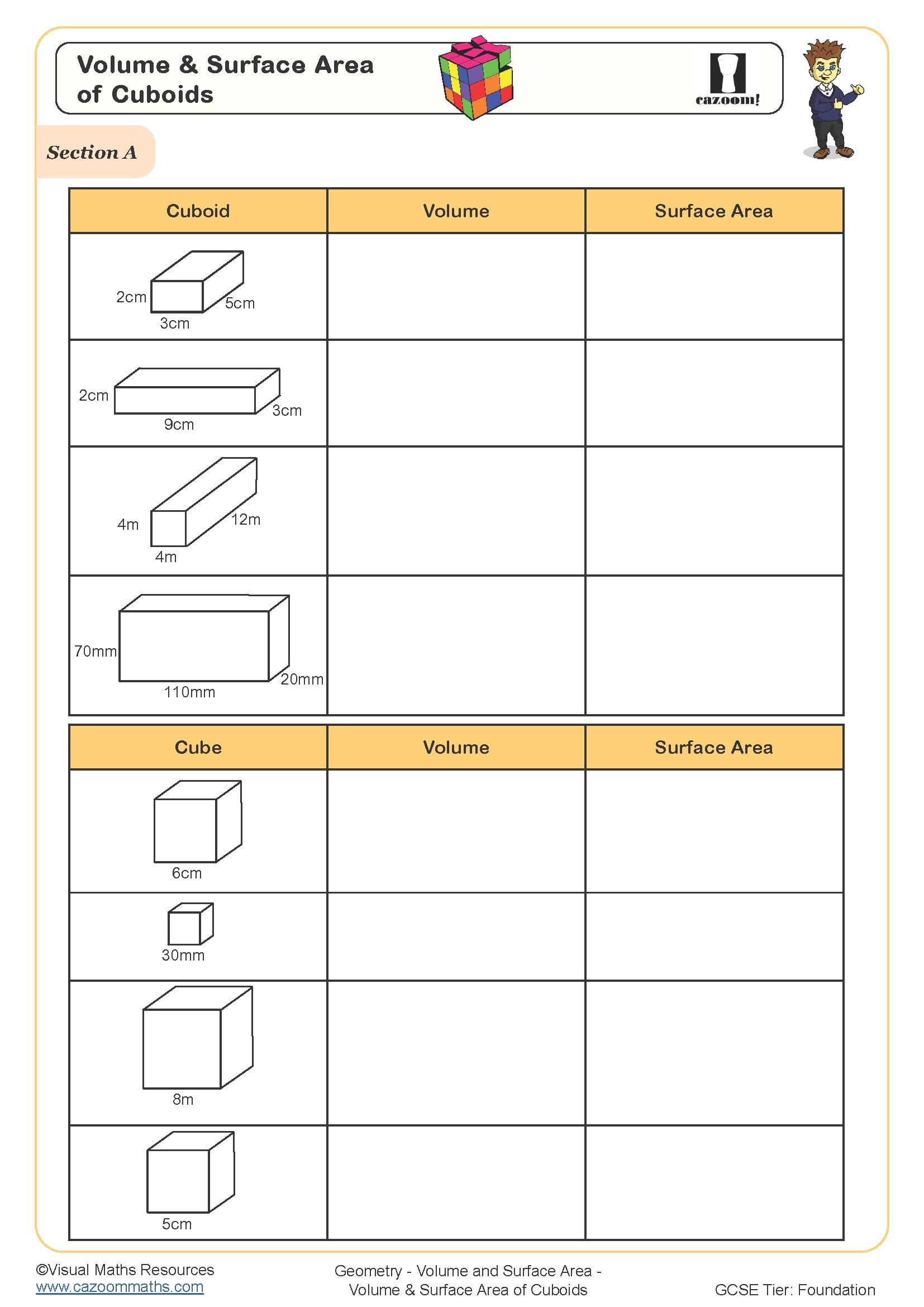 Volume And Surface Area Of Cuboids Worksheet Printable Maths 