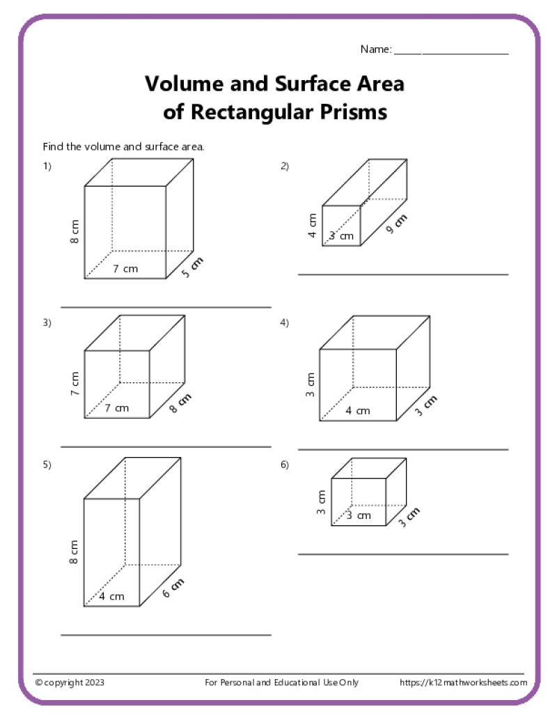 Volume And Surface Area Of Rectangular Prisms K12 Math Worksheets