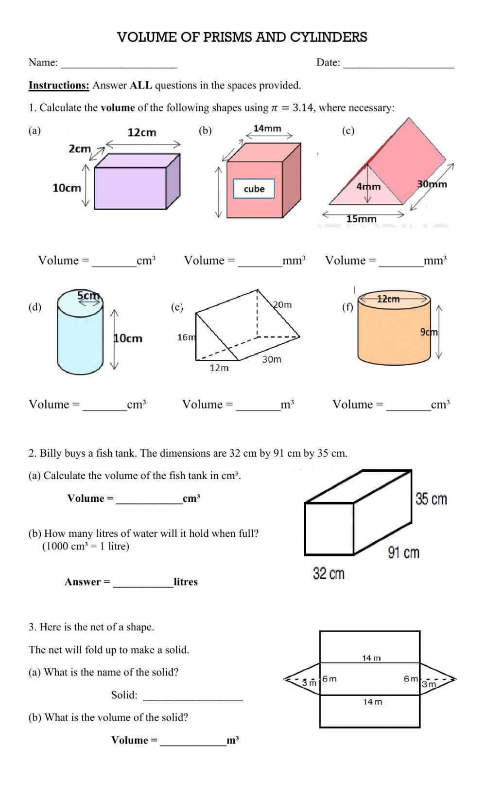 volume of prisms and cylinders worksheet