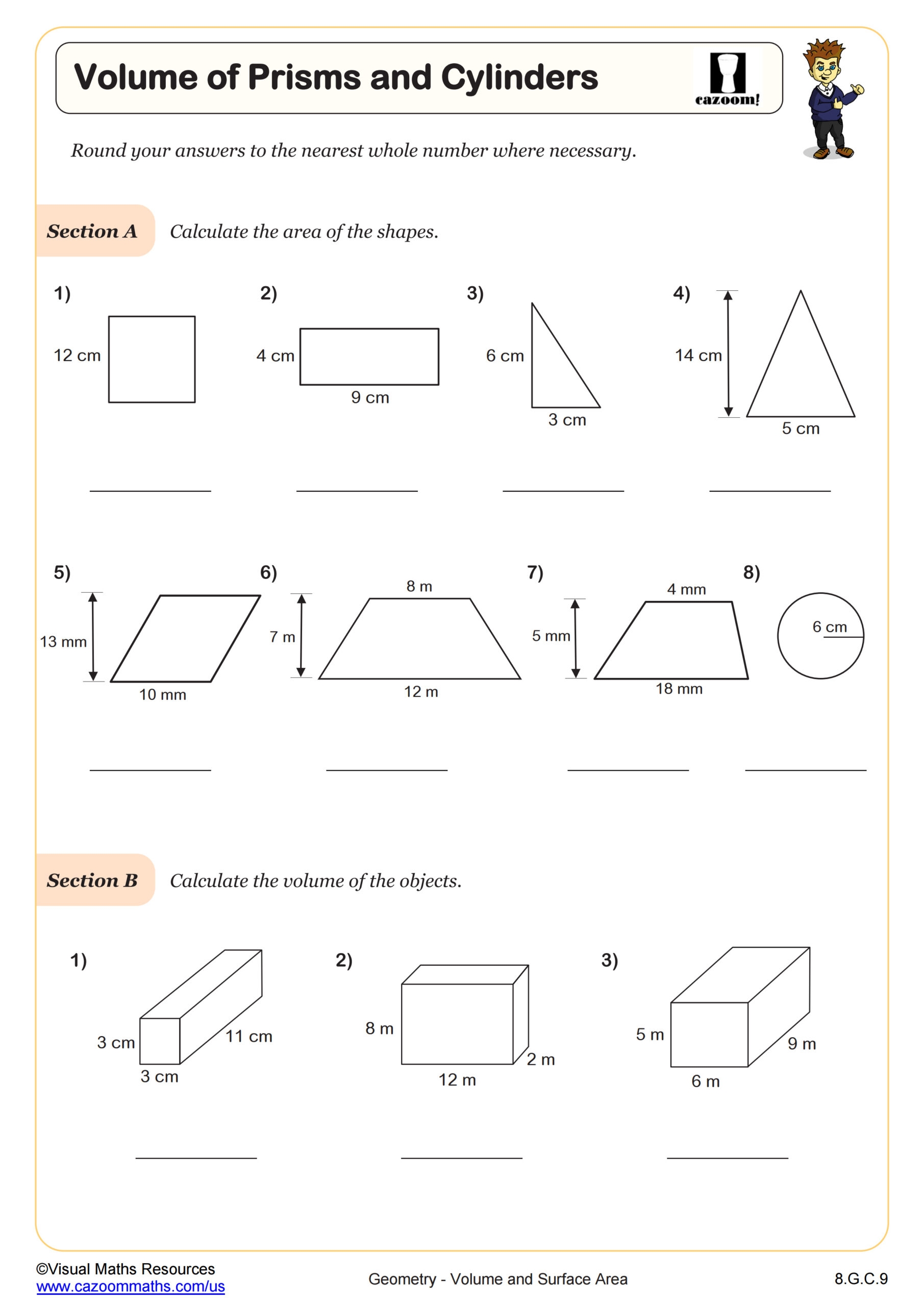 Volume Of Prisms And Cylinders Worksheet PDF Printable Geometry 