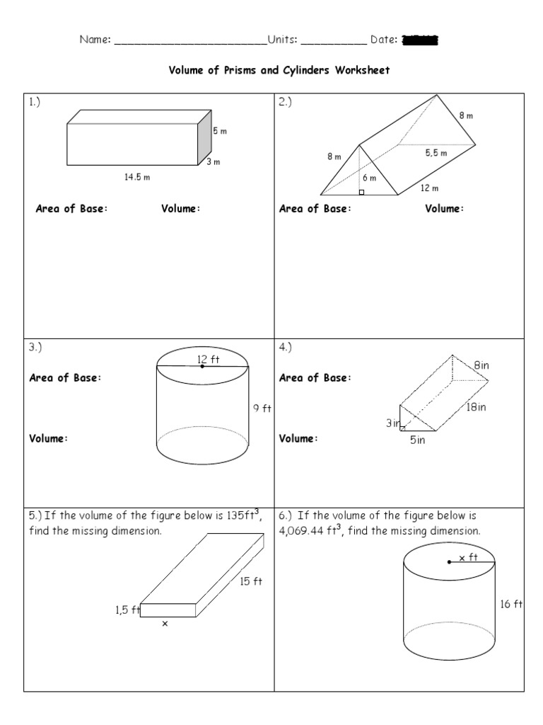 Volume Of Prisms And Cylinders Worksheet PDF Volume Space 
