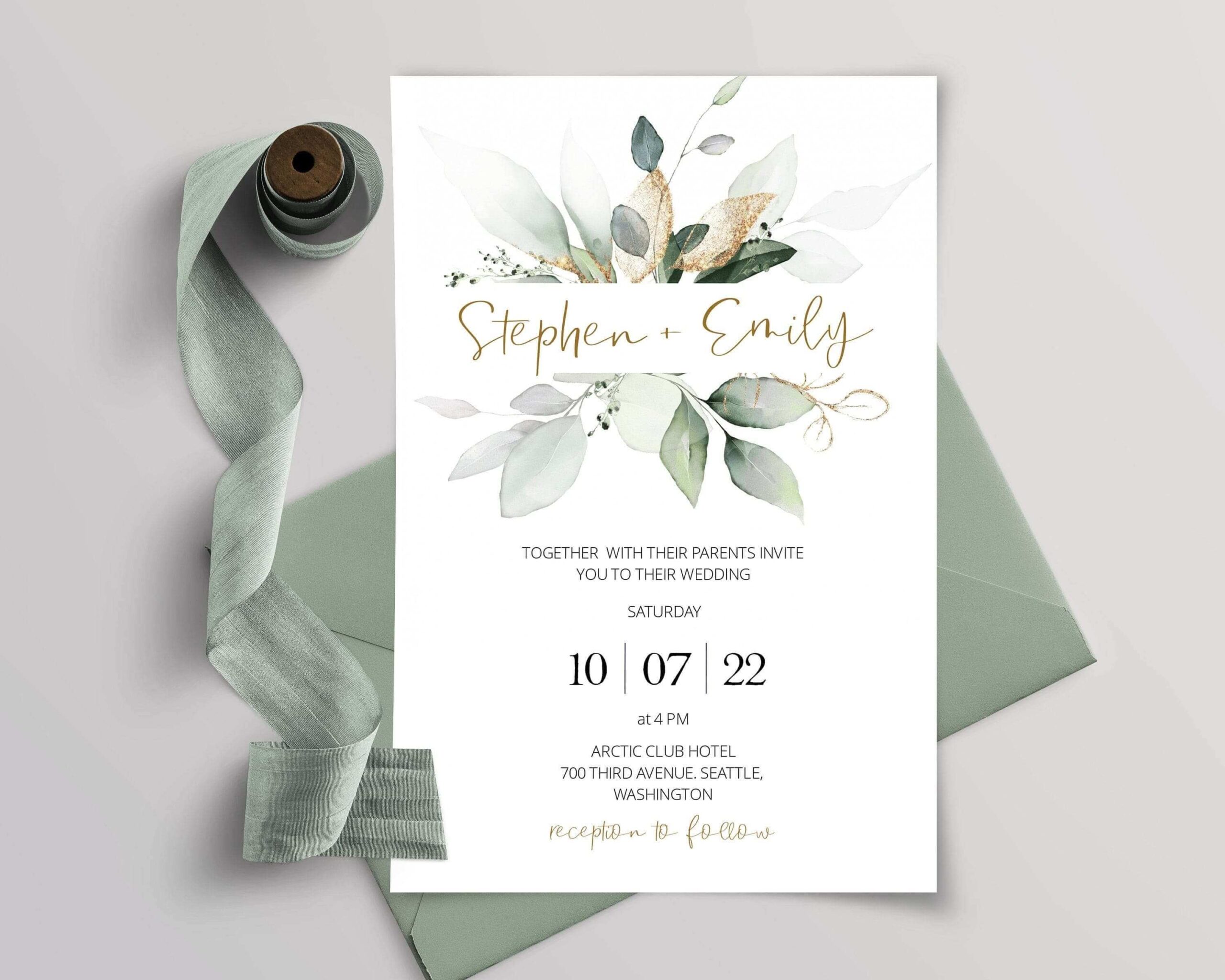 Wedding Invitation Template Eucalyptus Gold Editable 