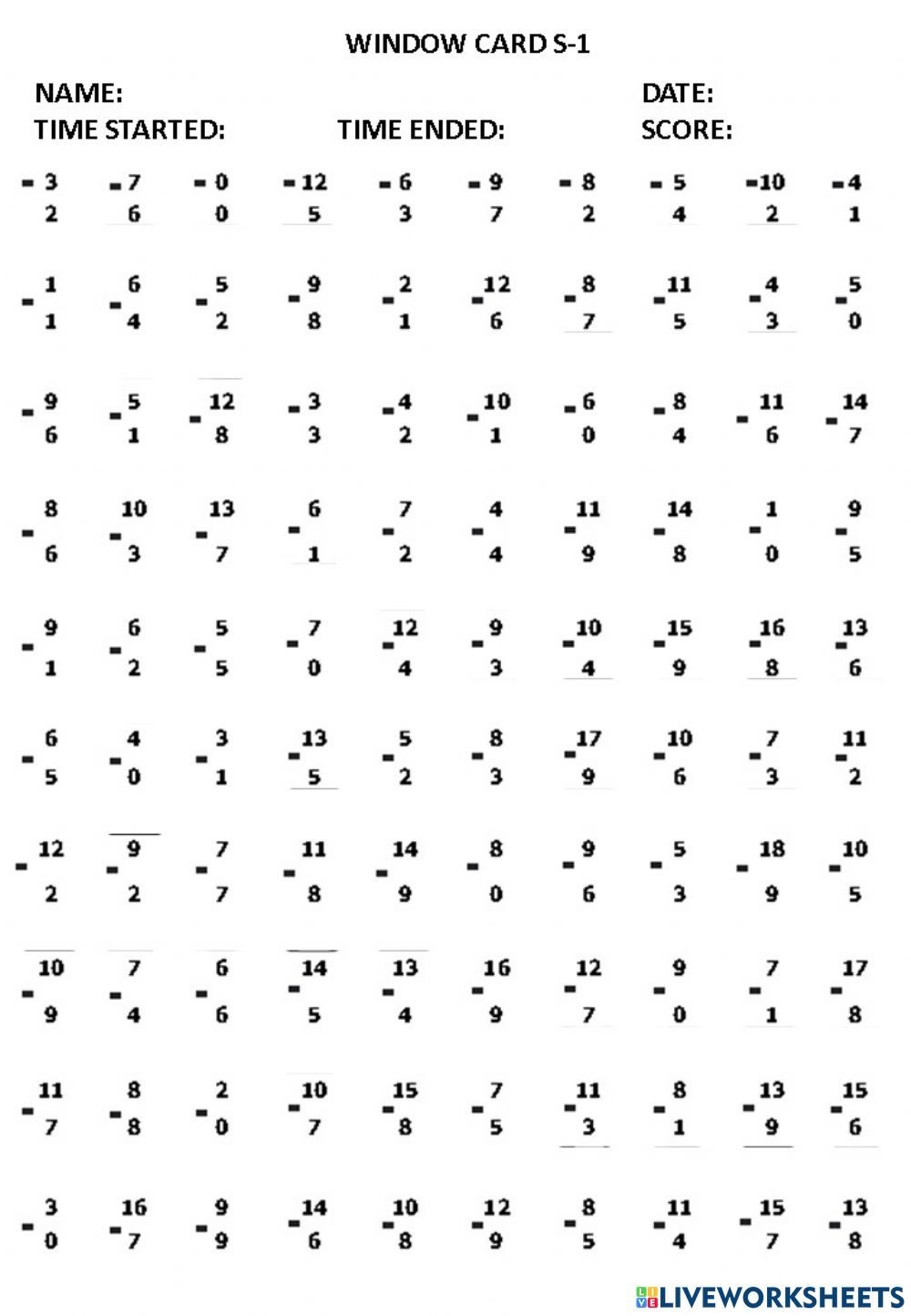 WINDOW DRILL CARD SUBTRACTION 1 Worksheet