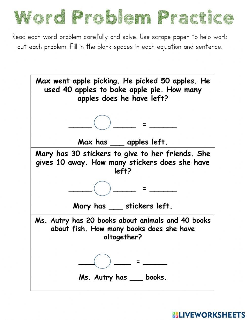 Word Problems Worksheets Dynamically Created Word Problems 
