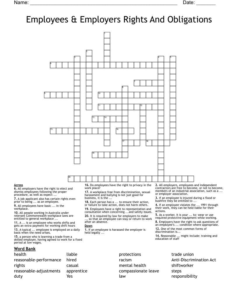 Workers Rights Practice Worksheet Crossword Puzzle Printable Online