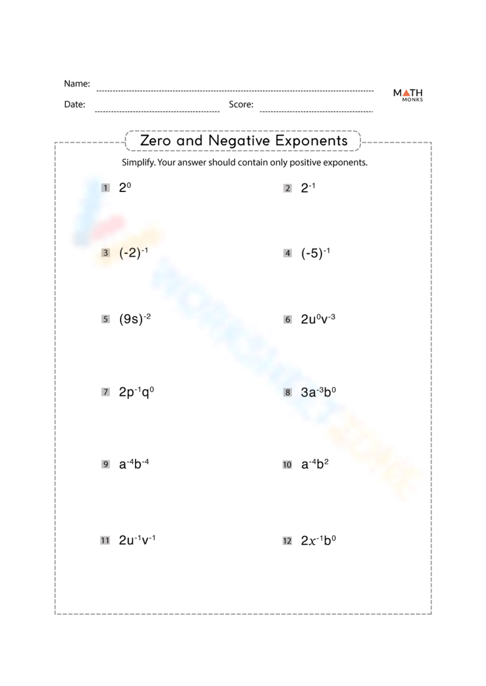 zero and negative exponents worksheet