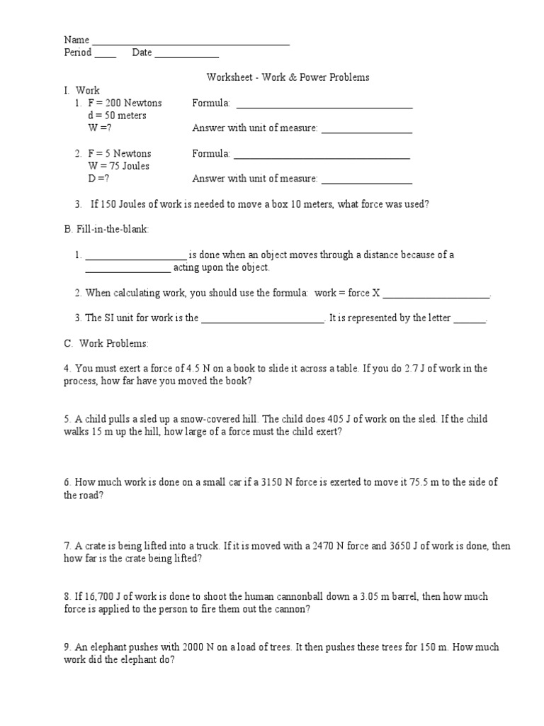 work and power worksheet