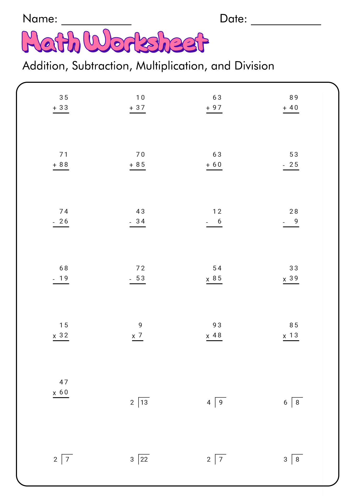 Worksheets Addition Subtraction Multiplication Division 