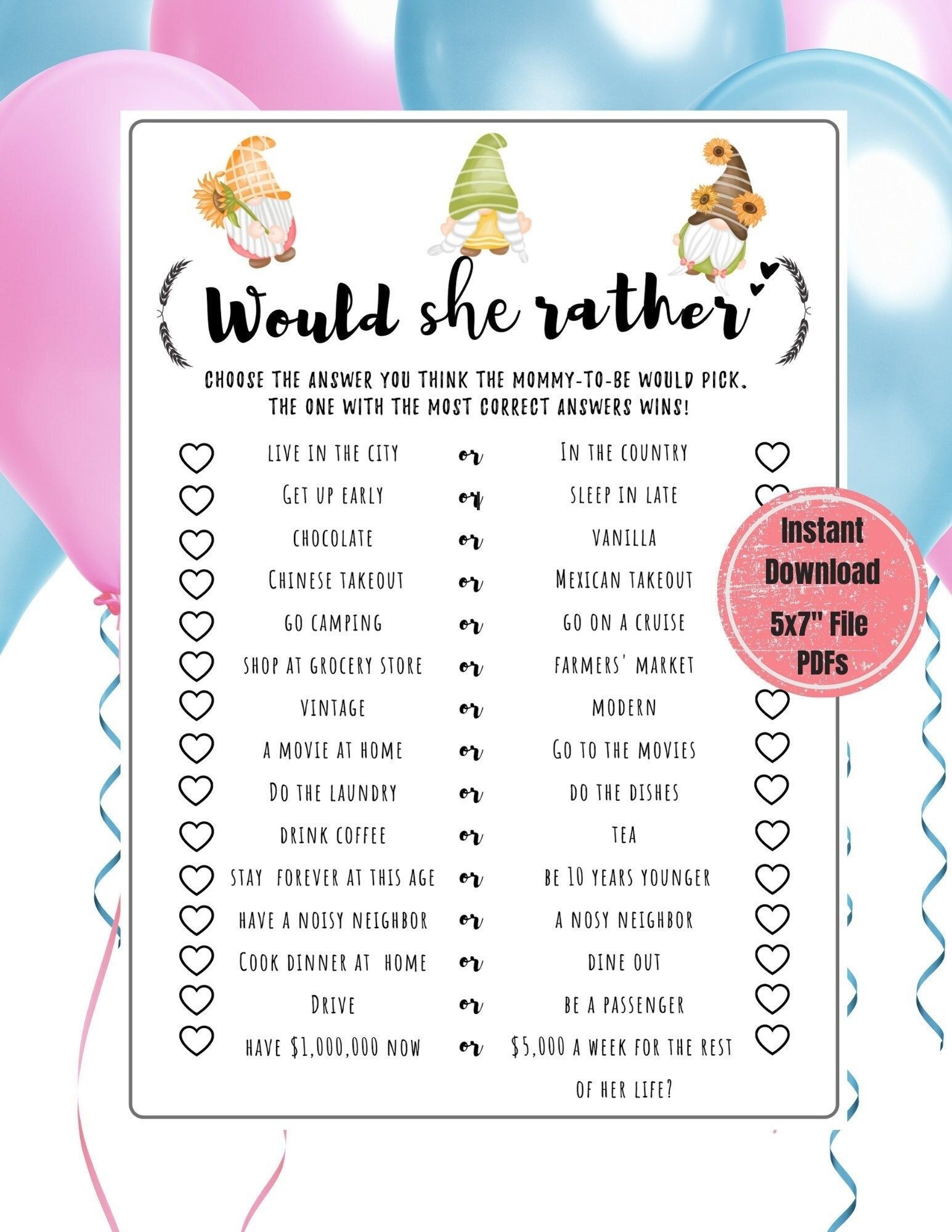 Would She Rather Baby Shower Game Baby Gnome Themed Baby Shower Game