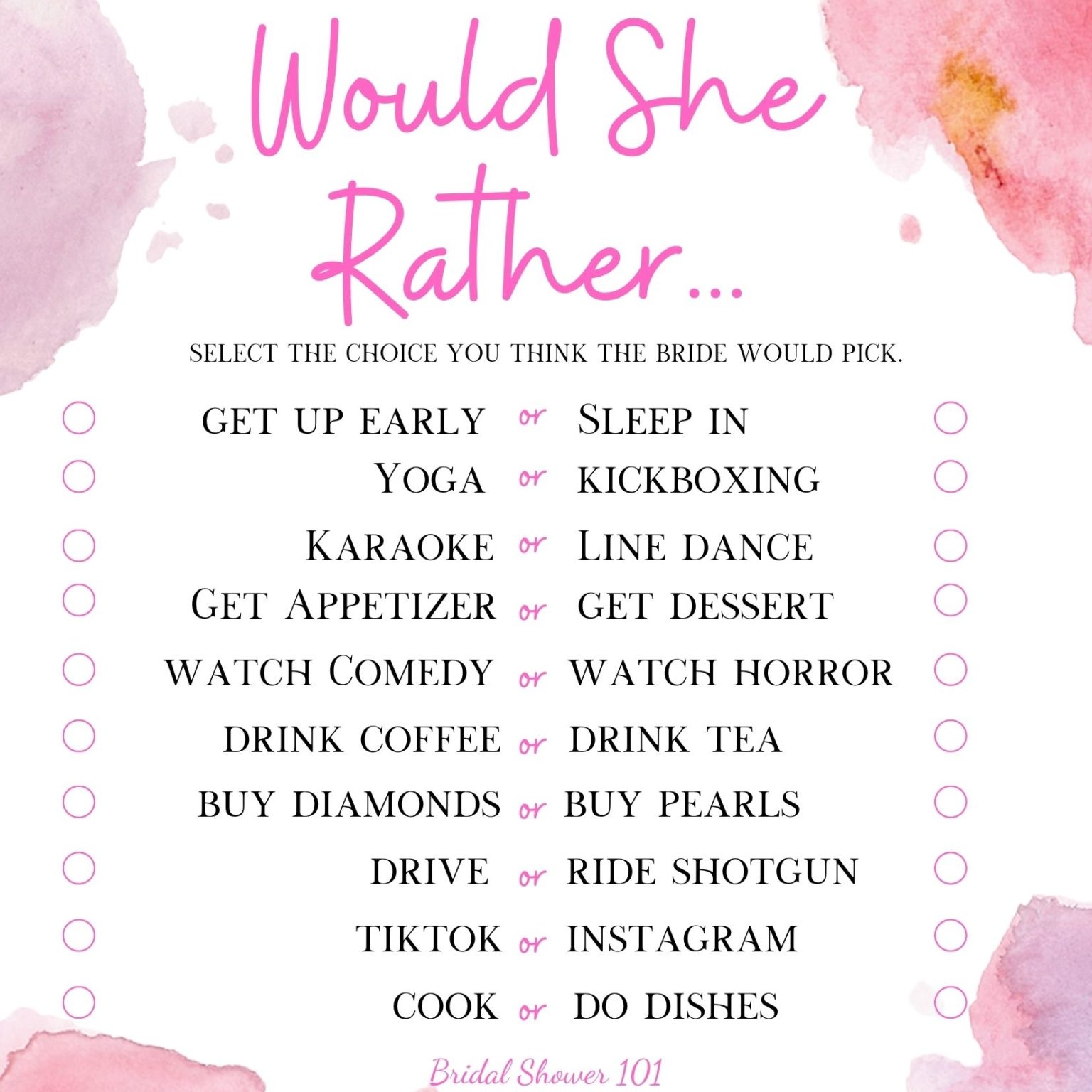 would they rather bridal shower game printable