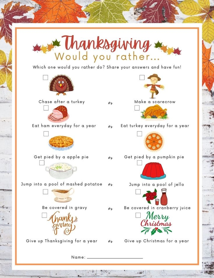 Would You Rather Thanksgiving Game Would You Rather Printable Etsy 