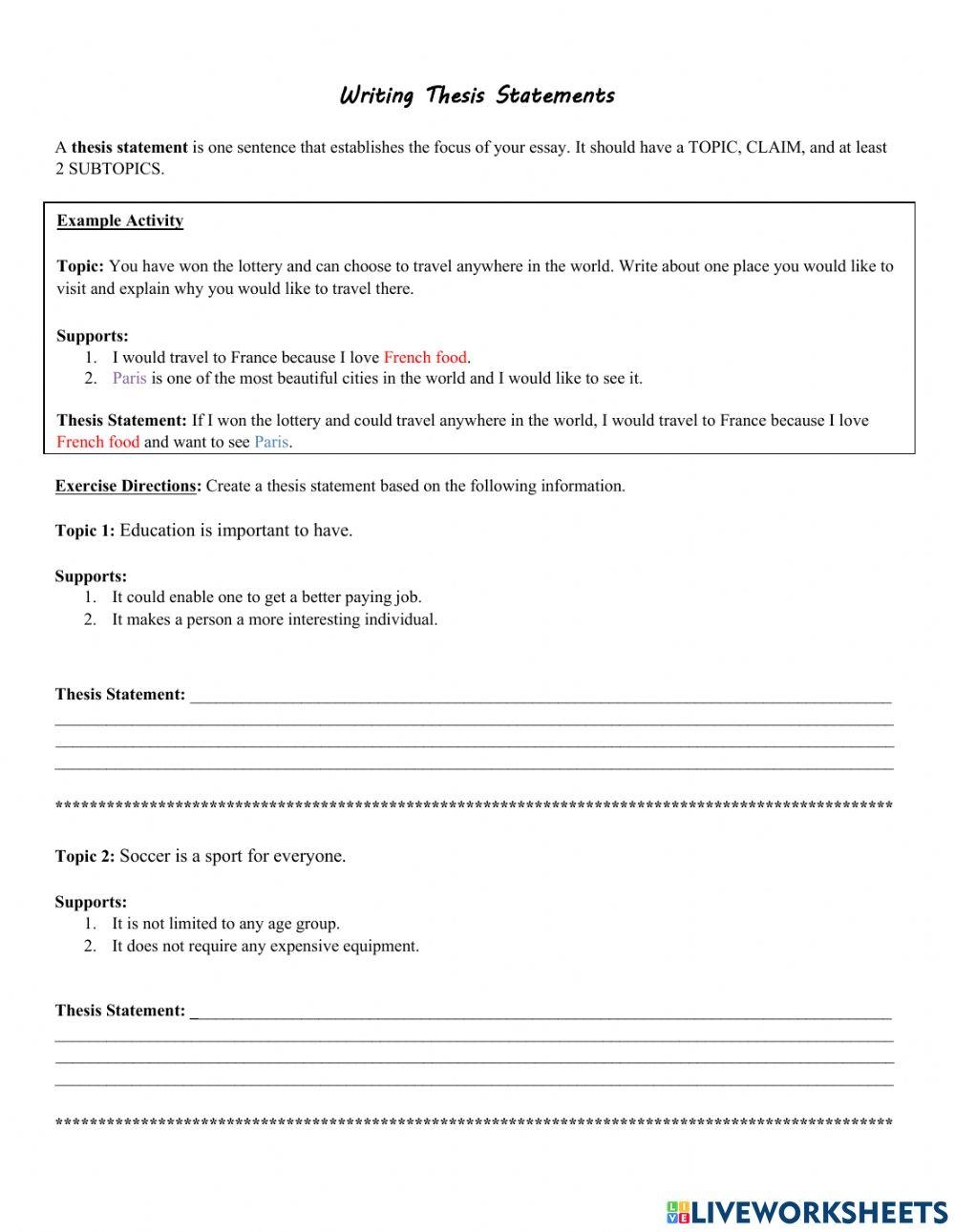 Writing A Thesis Statement Worksheet Live Worksheets Worksheets Library