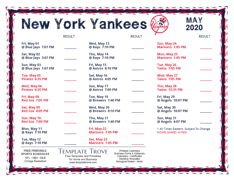 Yankee Schedule 2025 Printable Free Line M Winther