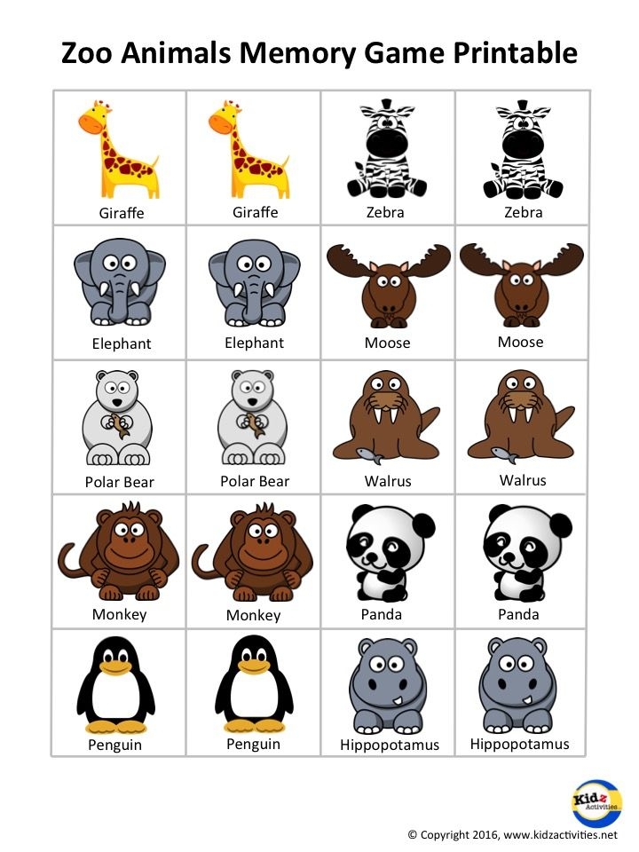 Zoo Animals Memory Game Free Printable By Kidz Activities Zoo Animals 