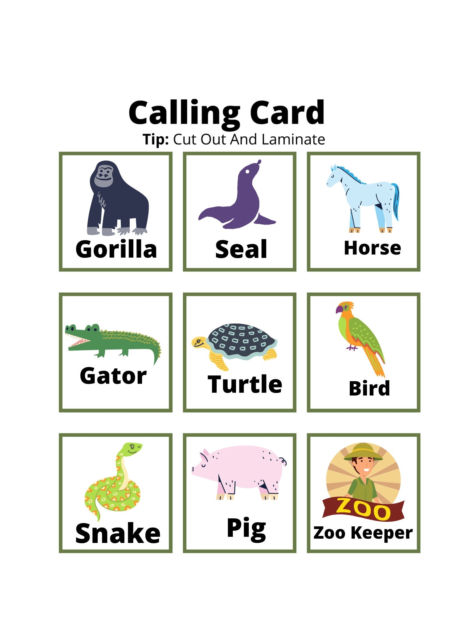 Zoo Bingo Game Printable Bingo Game With Large Card Instant Bingo 