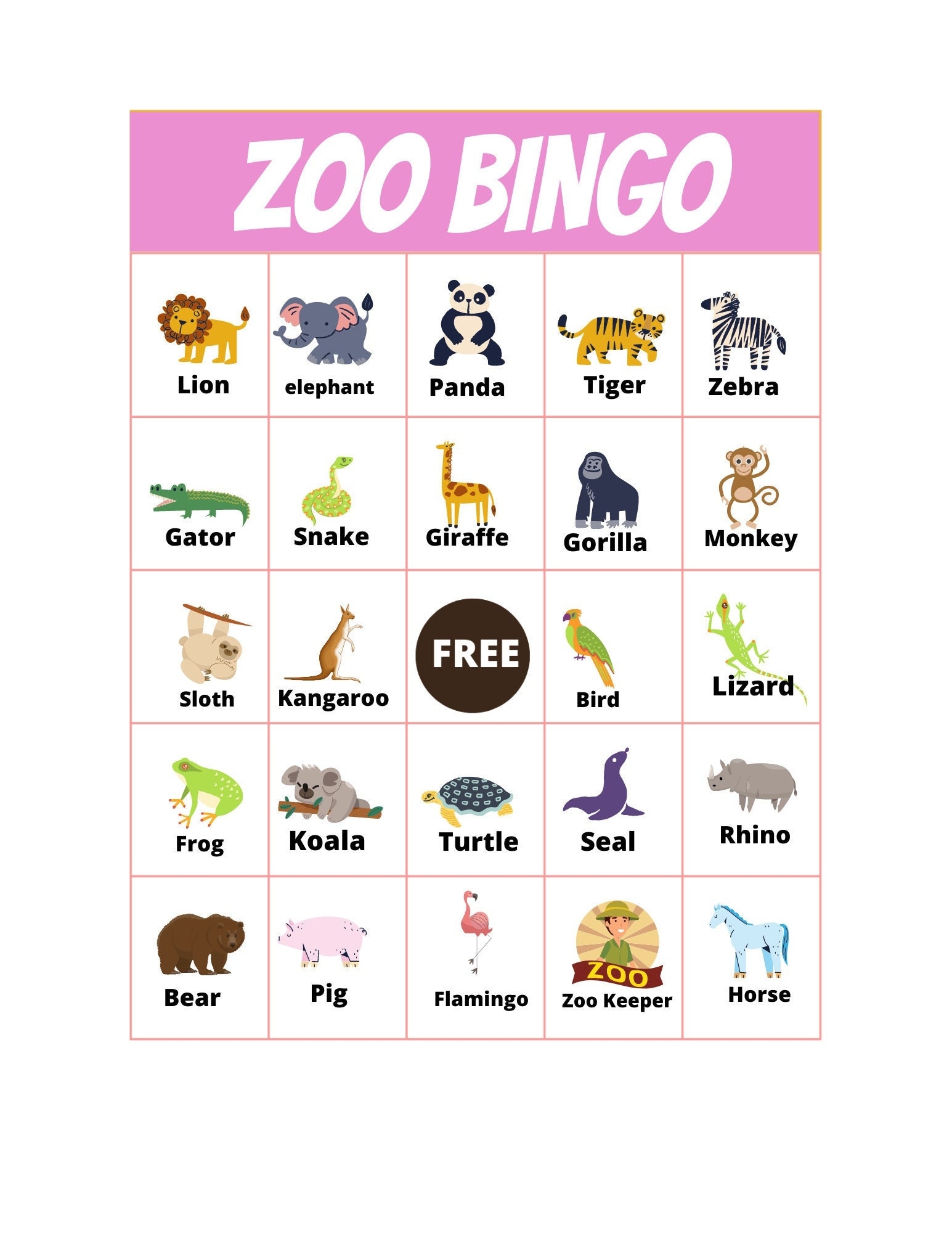zoo bingo game printable