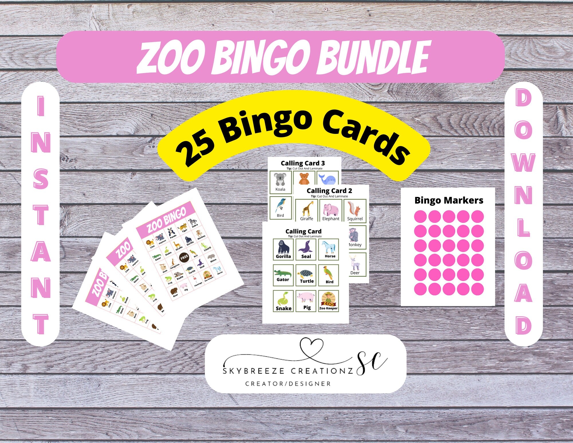 Zoo Bingo Game Printable Bingo Game With Large Card Instant Bingo 