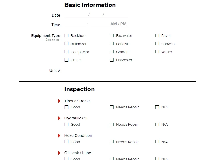 Construction Equipment Inspection Checklist Fulcrum