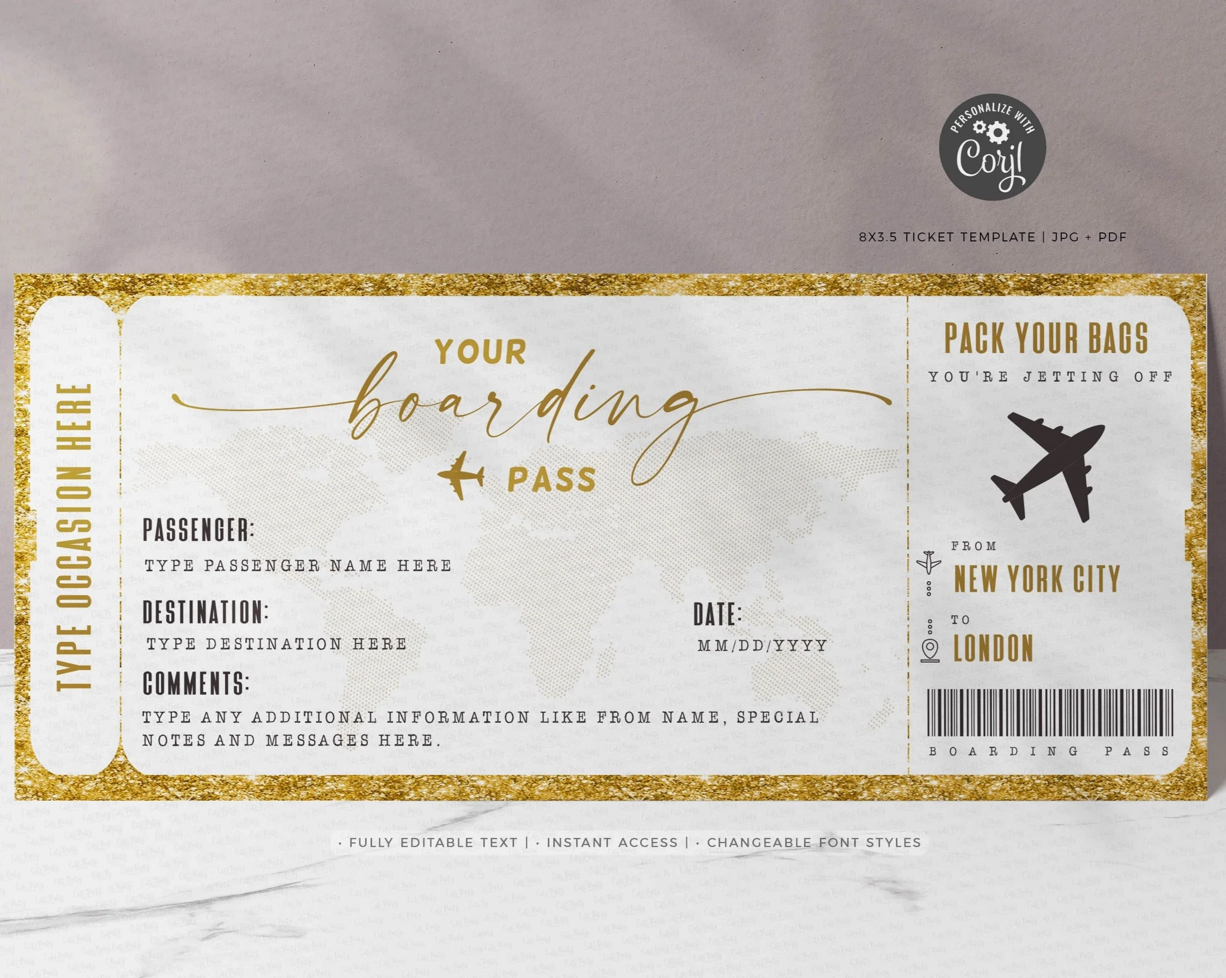 Editable Gold Boarding Pass Template Surprise Trip Gift Ticket Fake Cute Party Dash