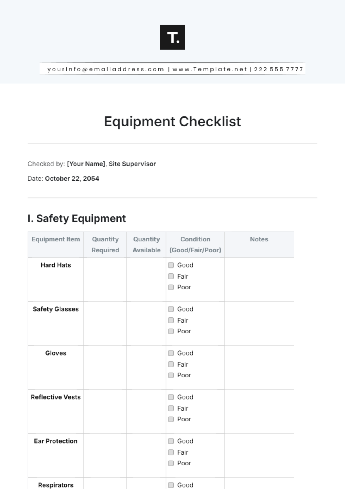 Free Equipment Checklist Templates Editable And Printable