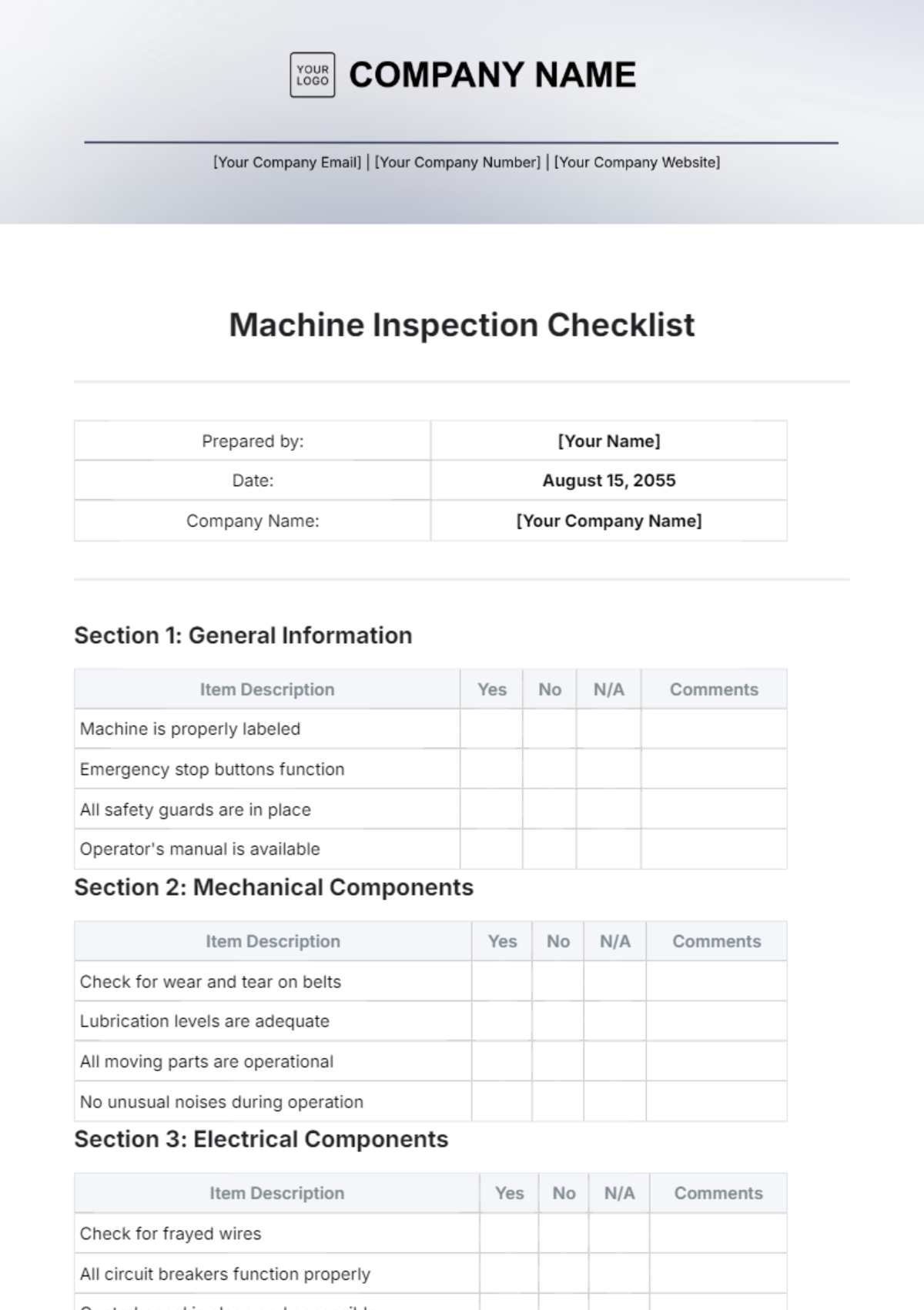 printable equipment inspection checklist template