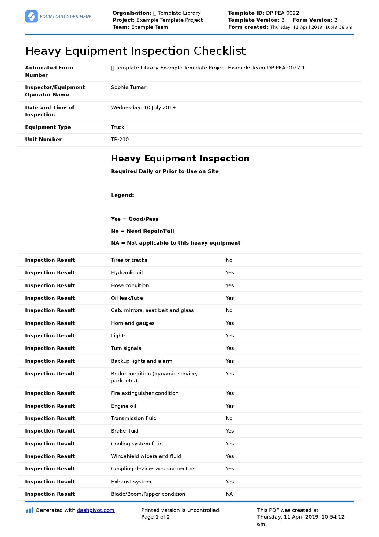 Heavy Equipment Inspection Checklist Template Download As PDF