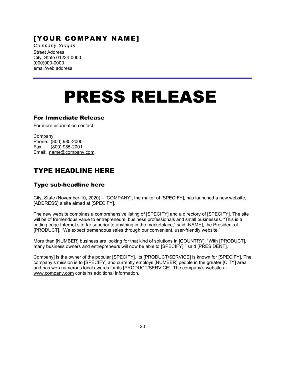 Press Release New Website Template Free Word 