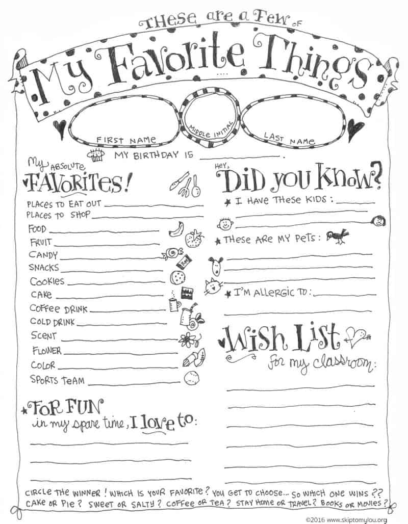 Teacher Favorite Things Questionnaire Free Printable